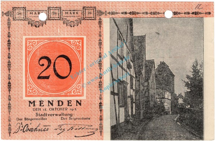 Menden , Banknote 20 Mark Schein unc-kfr.E Geiger 359.03.a , Westfalen 1918 Grossnotgeld