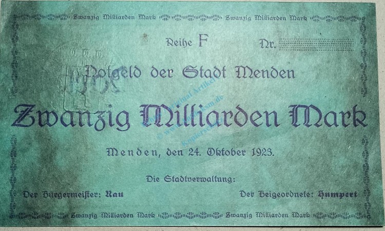 Menden , Banknote 20 Milliarden Mark --MUSTER-- unc-kfr. Keller 3516... Westfalen 1923 Inflation