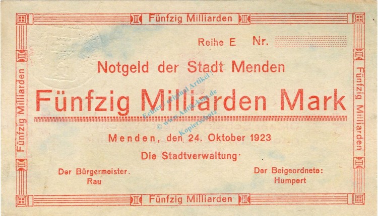 Menden , Banknote 50 Milliarden Mark --MUSTER-- unc-kfr. Keller 3516... Westfalen 1923 Inflation