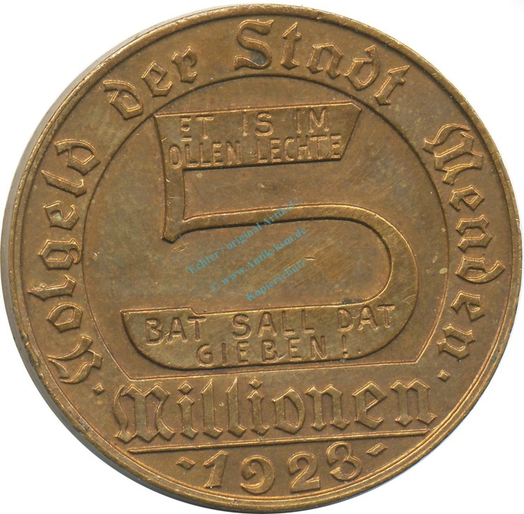 Menden , Notgeld Münze 5 Millionen Mark ss-vz. Westfalen 1923 Inflation 0077