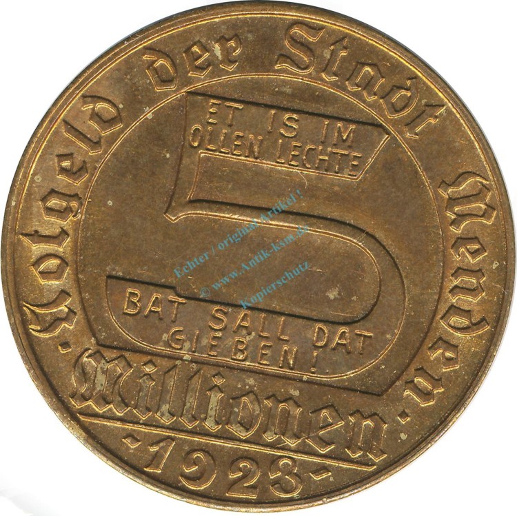 Menden , Notgeld Münze 5 Millionen Mark ss-vz. Westfalen 1923 Inflation 0078