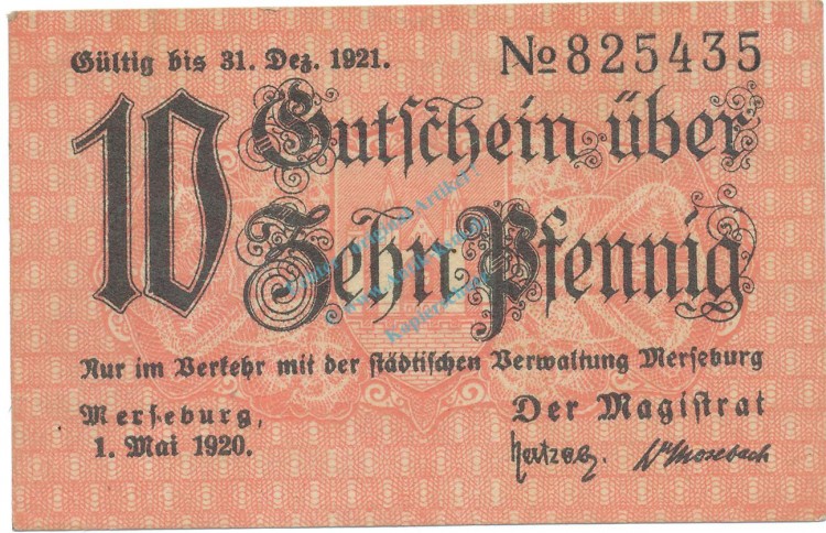 Merseburg , Notgeld 10 Pfennig Schein unc-kfr. Ti.4505.15.20 , SA 1920 Verkehrsausgabe -4212-