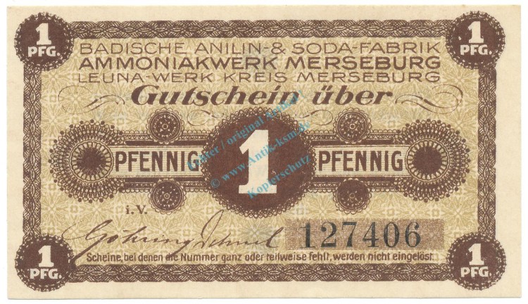 Merseburg , Notgeld 1 Pfennig Schein unc-kfr. Ti.4505.05.01 , SA 1920 Verkehrsausgabe -4214-