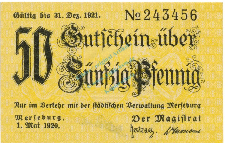 Merseburg , Notgeld 50 Pfennig Schein unc-kfr. Ti.4505.15.22 , SA 1920 Verkehrsausgabe -4213-