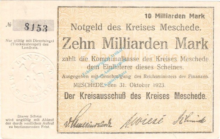 Meschede , Banknote 10 Milliarden Mark Schein unc-kfr. Keller 3529.a , Westfalen 1923 Inflation