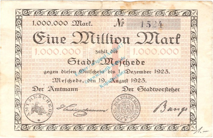 Meschede , Banknote 1 Million Mark Schein gbr. Keller 3527.a , Westfalen 1923 Inflation