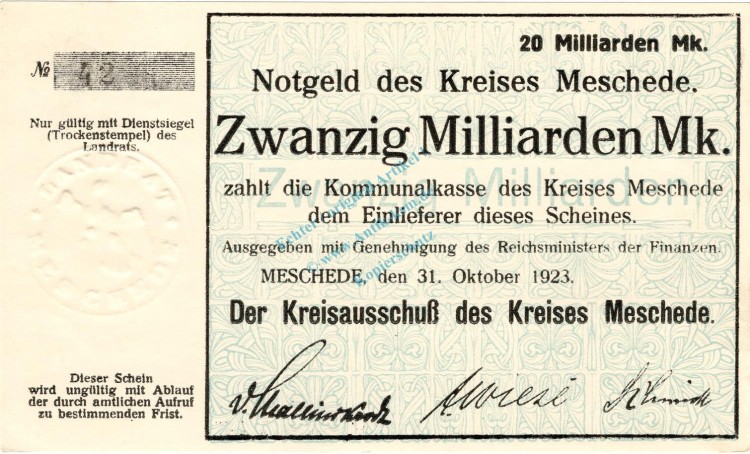 Meschede , Banknote 20 Milliarden Mark Schein unc-kfr. Keller 3529.b , Westfalen 1923 Inflation