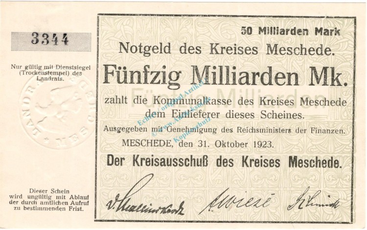 Meschede , Banknote 50 Milliarden Mark Schein unc-kfr. Keller 3529.a , Westfalen 1923 Inflation