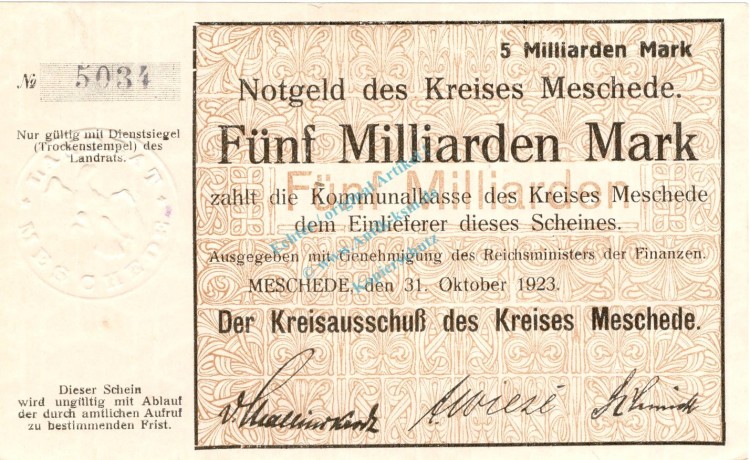 Meschede , Banknote 5 Milliarden Mark Schein unc-kfr. Keller 3529.a , Westfalen 1923 Inflation