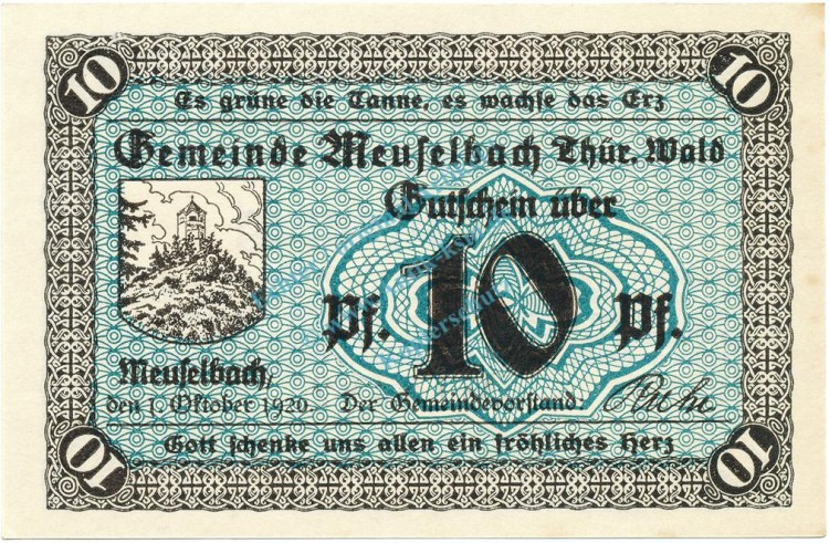 Meuselbach , Notgeld 10 Pfennig Schein unc-kfr. Ti.4520.05.01 , TH 1920 Verkehrsausgabe -4207-