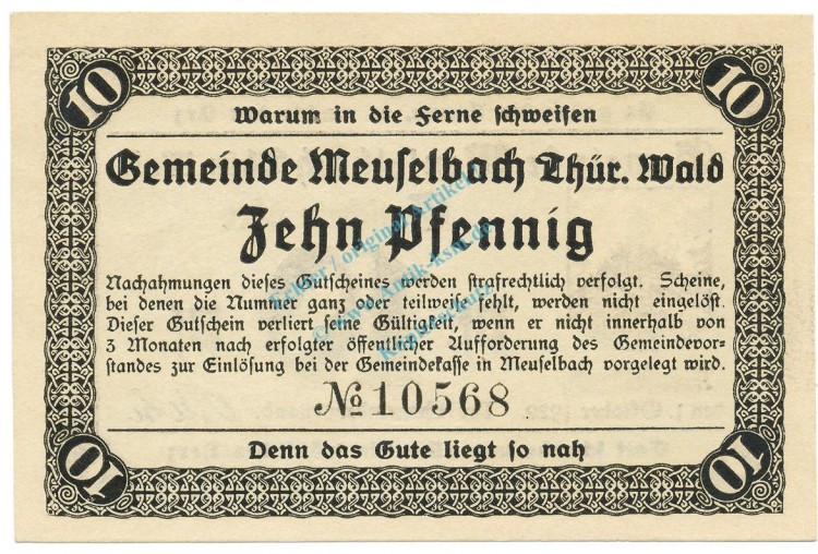 Meuselbach , Notgeld 10 Pfennig Schein unc-kfr. Ti.4520.05.01 , TH 1920 Verkehrsausgabe -4207-