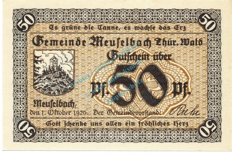 Meuselbach , Notgeld 50 Pfennig Schein unc-kfr. Ti.4520.05.03 , TH 1920 Verkehrsausgabe -4209-