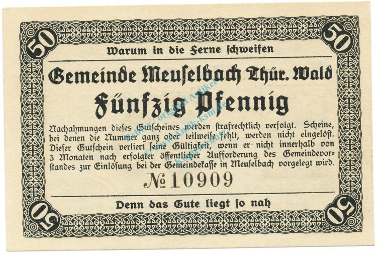 Meuselbach , Notgeld 50 Pfennig Schein unc-kfr. Ti.4520.05.03 , TH 1920 Verkehrsausgabe -4209-