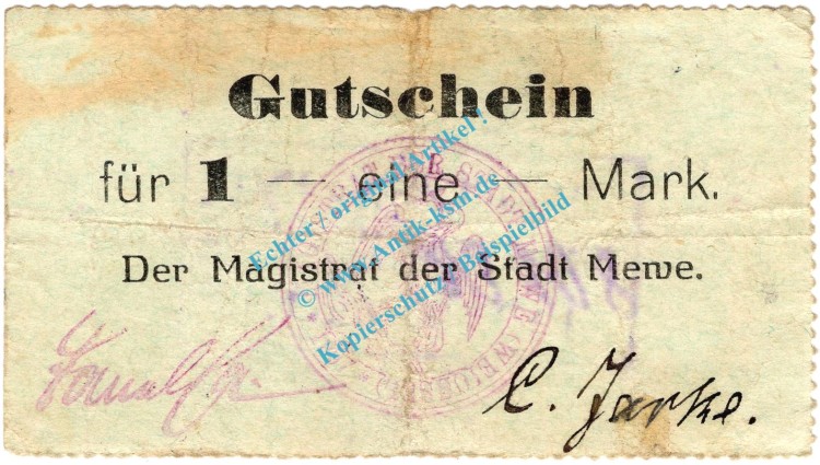 Mewe , Notgeld 1 Mark Schein in gbr.E , Diessner 233.3.b , Westpreussen o.D. Notgeld 1914-15