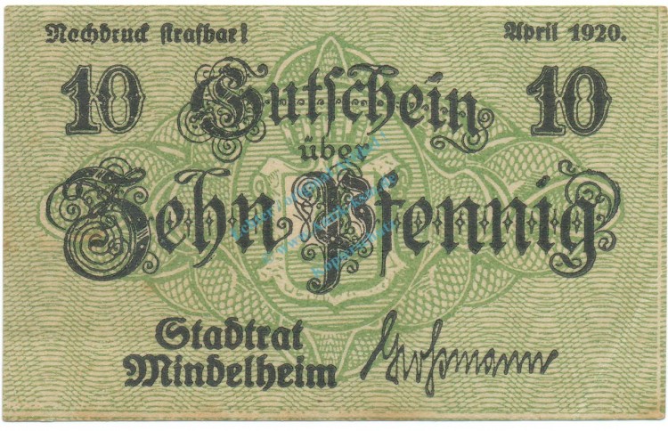 Mindelheim , Notgeld 10 Pfennig Schein unc-kfr. Ti.4570.05.26 , Bay 1920 Verkehrsausgabe -4201-