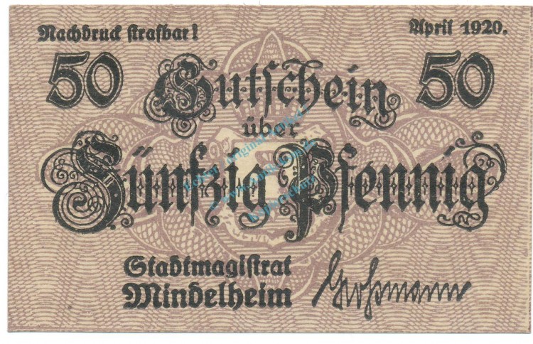 Mindelheim , Notgeld 50 Pfennig Schein unc-kfr. Ti.4570.05.22 , Bay 1920 Verkehrsausgabe -4202-