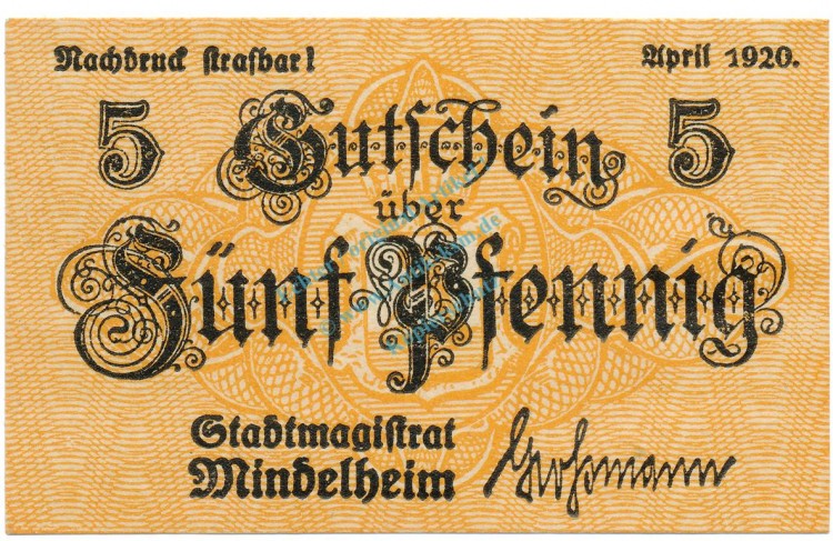 Mindelheim , Notgeld 5 Pfennig Schein unc-kfr. Ti.4570.05.20 , Bay 1920 Verkehrsausgabe -4200-