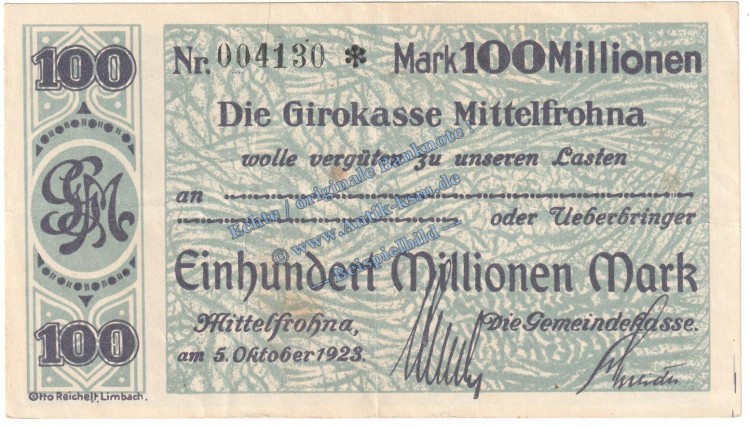 Mittelfrohna , Banknote 100 Millionen Mark Schein in gbr. Keller 3577.II.b , Sachsen 1923 Grossnotgeld - Inflation