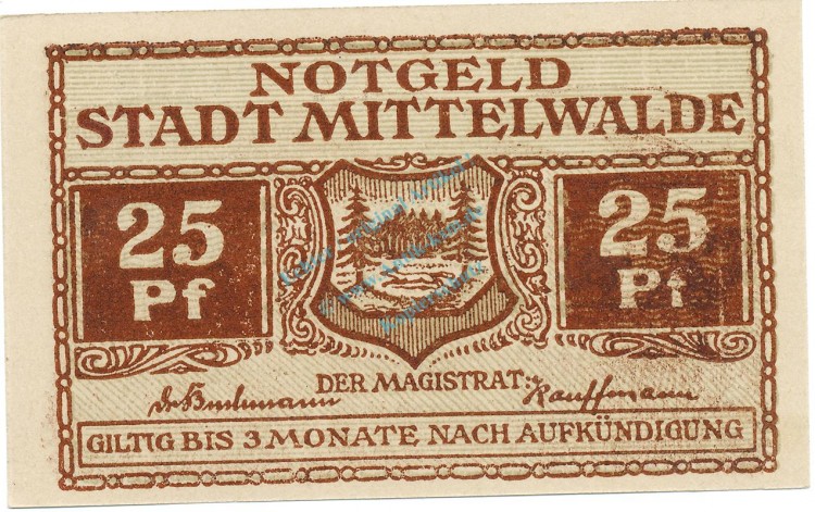 Mittelwalde , Notgeld 25 Pfennig Schein unc-kfr. Ti.4585.095.02 , SLN o.D. Verkehrsausgabe -4188-