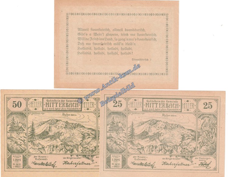 Mitterbach , Notgeld Set mit 3 Scheinen -grün- in kfr. K-K 618.I.c , Oberösterreich von 1920