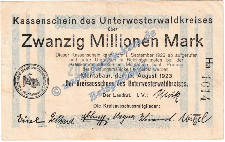 Montabaur , Banknote 20 Million Mark Schein in gbr. Keller 5308.e , Hessen 1923 Grossnotgeld - Inflation