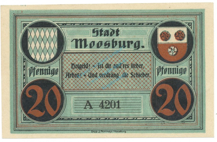 Moosburg , Notgeld 20 Pfennig Schein unc-kfr. Ti.4635.05.05 , BAY o.D. Verkehrsausgabe -4211-
