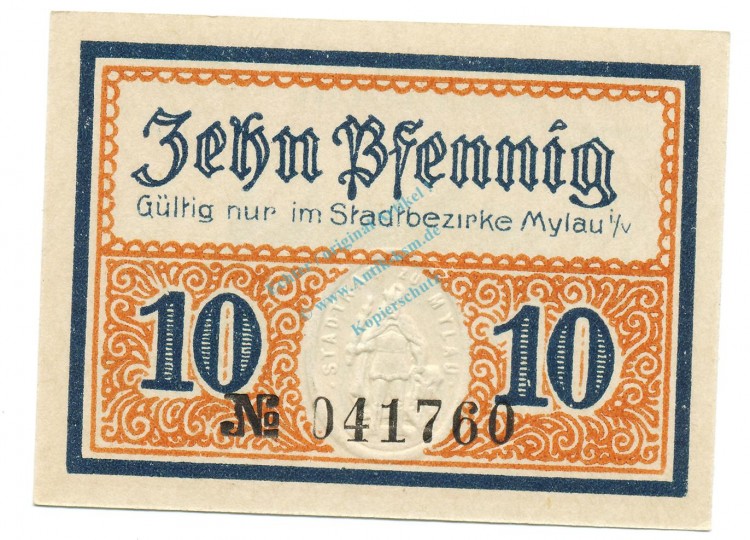 Mylau , Notgeld 10 Pfennig Schein unc-kfr. Ti.4730.05.15 , S o.D. Verkehrsausgabe -4195-