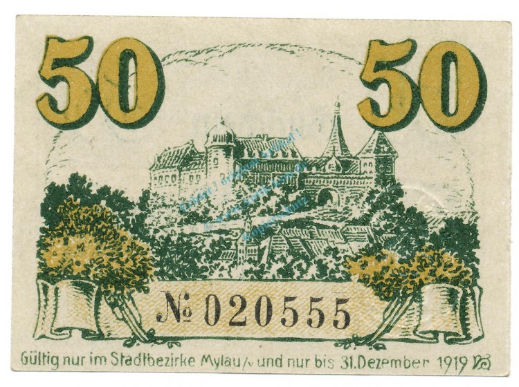Mylau , Notgeld 50 Pfennig Schein unc-kfr. Ti.4730.05.11 , S o.D. Verkehrsausgabe -4196-