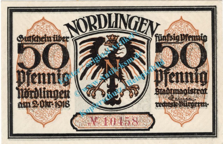 Nördlingen , Notgeld 50 Pfennig Schein Nr.4 -gelbbraun- in kfr. M-G 978.3 , Bayern 1918 Seriennotgeld