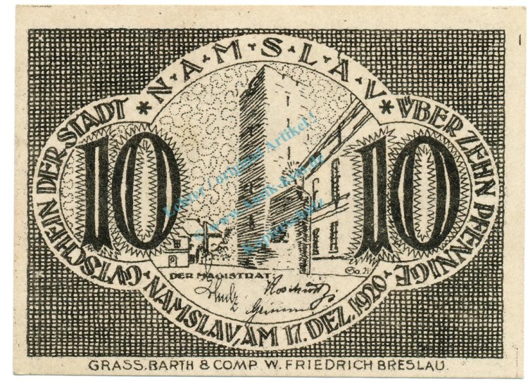 Namslau , Notgeld 10 Pfennig Schein unc-kfr. Ti.4755.10.01 , SLN 1920 Verkehrsausgabe -4159-