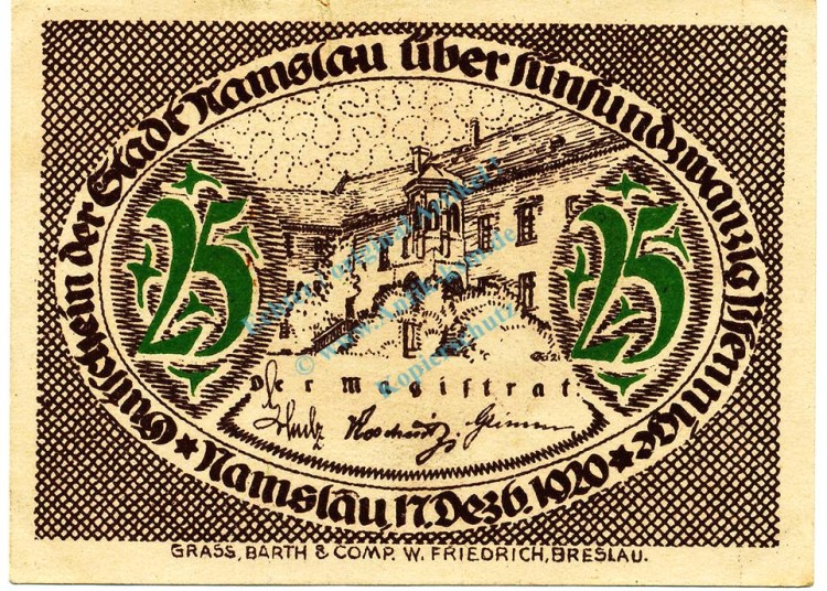 Namslau , Notgeld 25 Pfennig Schein unc-kfr. Ti.4755.10.02 , SLN 1920 Verkehrsausgabe -4160-