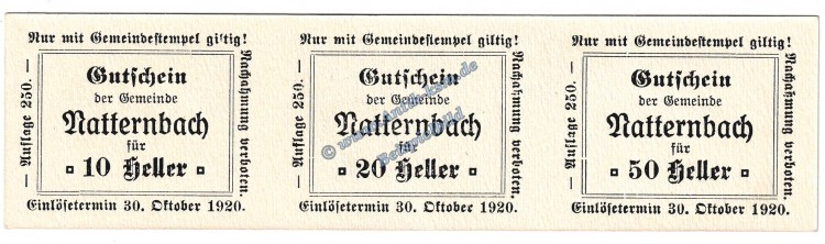 Natternbach , Notgeld Set mit 3 Scheinen in kfr. K-K S.643.IV.e , Oberösterreich o.D.