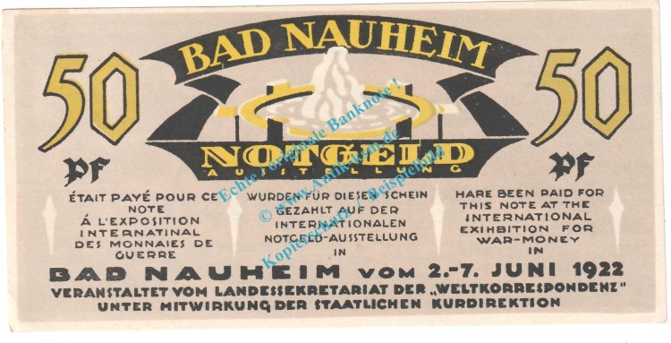 Nauheim , Notgeld 50 Pfennig Schein in kfr. M-G 924.1 , Hessen 1922 Seriennotgeld