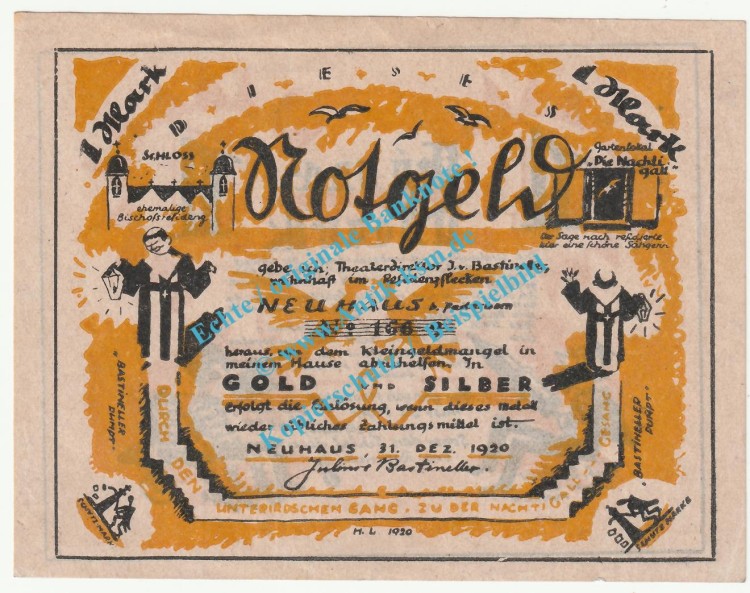 Neuhaus , Notgeld 1 Mark -Vers orange- in kfr. M-G 944.1 , Westfalen 1920 Seriennotgeld