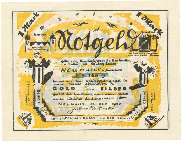 Neuhaus , Notgeld 1 Mark Schein unc-kfr. M-G 944.2 , NRW 1920 Seriennotgeld -1893-