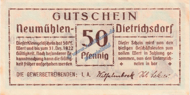 Neumühlen , Notgeld 50 Pfennig -Marmor- in kfr. M-G 953.3 , Schleswig Holstein o.D. Seriennotgeld