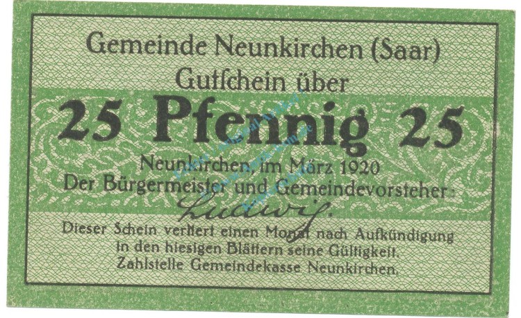Neunkirchen , Notgeld 25 Pfennig Schein unc-kfr. Ti.4910.05.06 , RHL 1920 Verkehrsausgabe -4174-