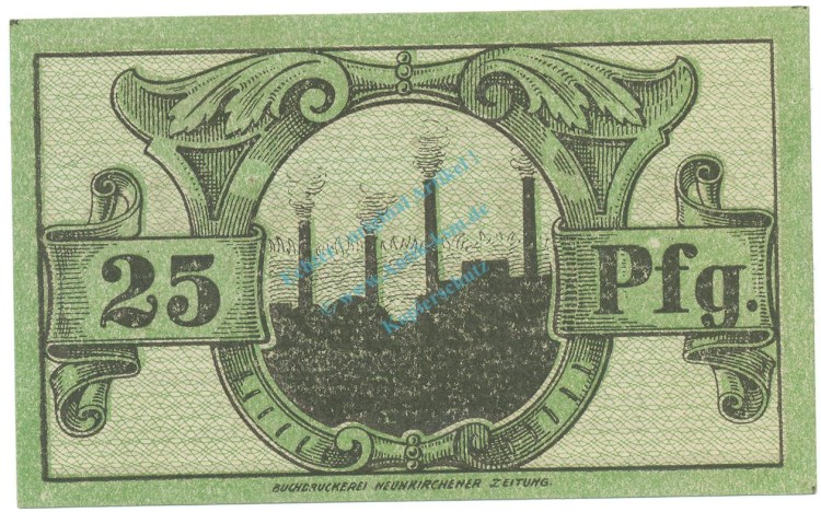 Neunkirchen , Notgeld 25 Pfennig Schein unc-kfr. Ti.4910.05.06 , RHL 1920 Verkehrsausgabe -4174-