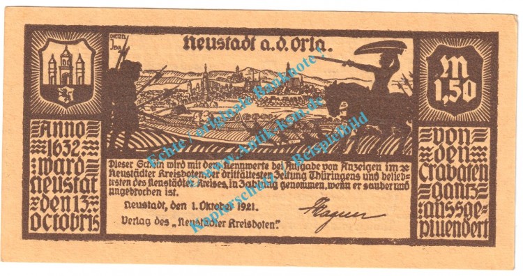 Neustadt a.d.O. Notgeld 1,50 Mark Schein in kfr. M-G 964.2 , Thüringen 1921 Seriennotgeld
