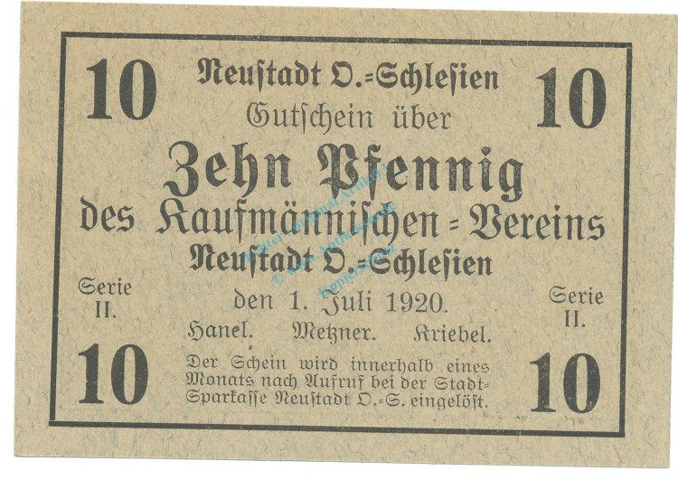 Neustadt , Notgeld 10 Pfennig Schein unc-kfr. Ti.4960.15.11 , OSL 1919 Verkehrsausgabe -4164-