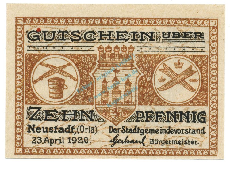 Neustadt , Notgeld 10 Pfennig Schein unc-kfr. Ti.4965.05.21 , TH 1920 Verkehrsausgabe -4171-