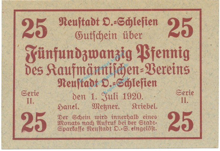 Neustadt , Notgeld 25 Pfennig Schein unc-kfr. Ti.4960.15.13 , OSL 1920 Verkehrsausgabe -4166-