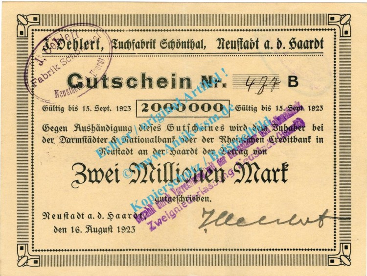 Neustadt , Notgeld 2 Millionen Mark -J.Oehlert- Schein in f-kfr. Keller 3869.f , Pfalz 1923 Inflation