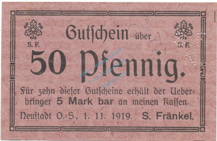 Neustadt , Notgeld 50 Pfennig Schein unc-kfr. Ti.4960.10.65 , OSL 1919 Verkehrsausgabe -4162-