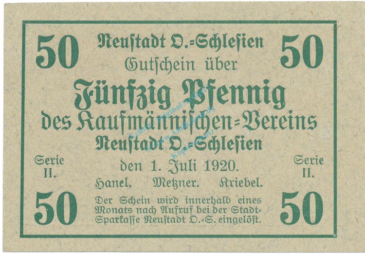 Neustadt , Notgeld 50 Pfennig Schein unc-kfr. Ti.4960.15.14 , OSL 1920 Verkehrsausgabe -4167-