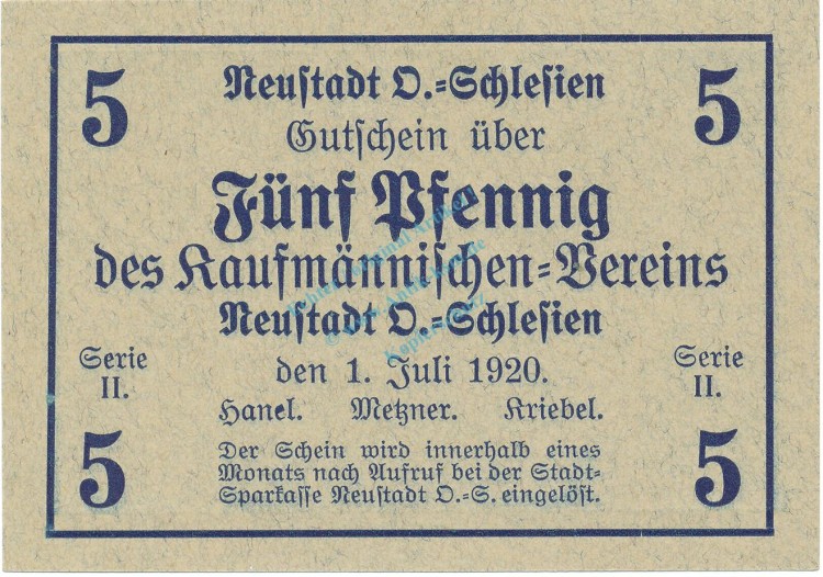 Neustadt , Notgeld 5 Pfennig Schein unc-kfr. Ti.4960.15.10 , OSL 1919 Verkehrsausgabe -4163-