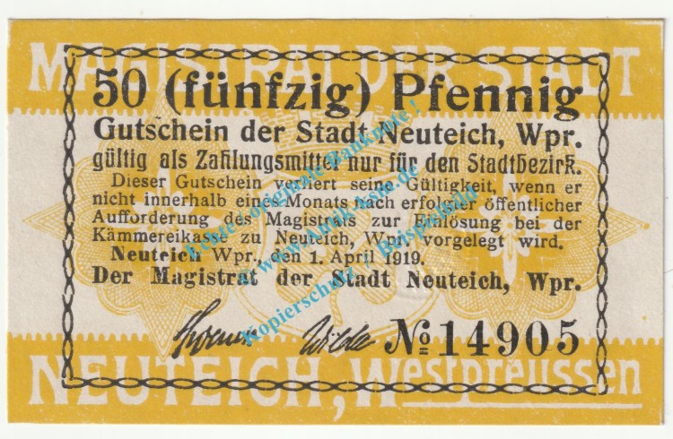Neuteich , Notgeld 50 Pfennig Schein in kfr. Tieste 5010.05.16 , Westpreussen 1919 Verkehrsausgabe