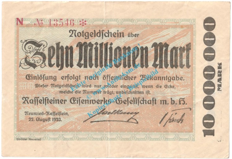 Neuwied - Rasselstein , Notgeld 10 Million Mark Schein in gbr. Keller 3907... Rheinland 1923 Grossnotgeld Inflation