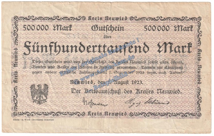Neuwied , Banknote 500.000 Mark Schein in gbr. Keller 3903.n , Rheinland 1923 Grossnotgeld - Inflation