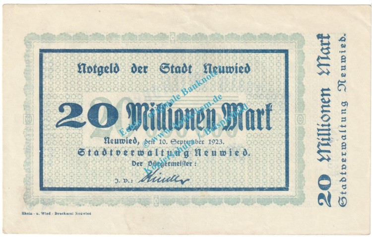 Neuwied , Notgeld 20 Millionen Mark Schein in kfr. Keller 3902.k , Rheinland 1923 Grossnotgeld Inflation